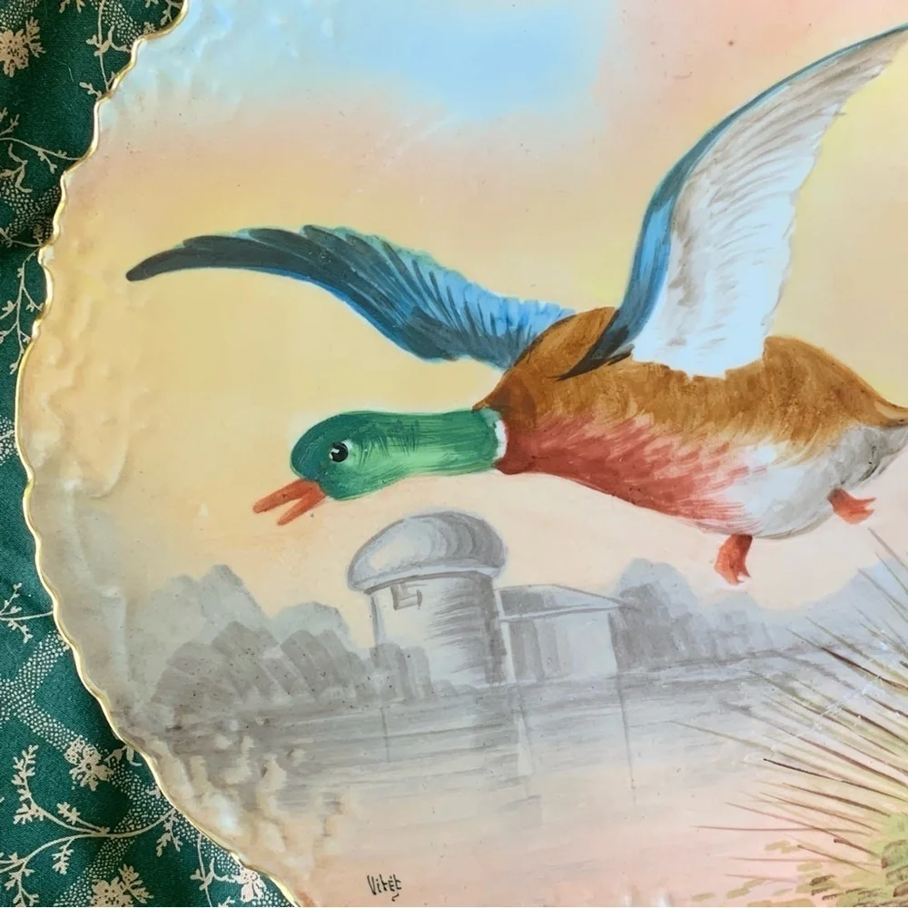 Antique Limoges France LRL Duck in Flight Plate Game Bird Signed Vitec